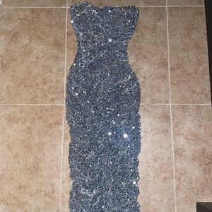 Silver Sequin strapless midi dress